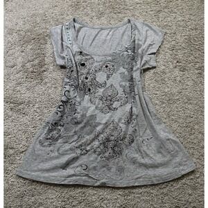 RXB Burlesque Victorian French Chic Abstract Y2K Studded Swoop Neck Shirt Gray M